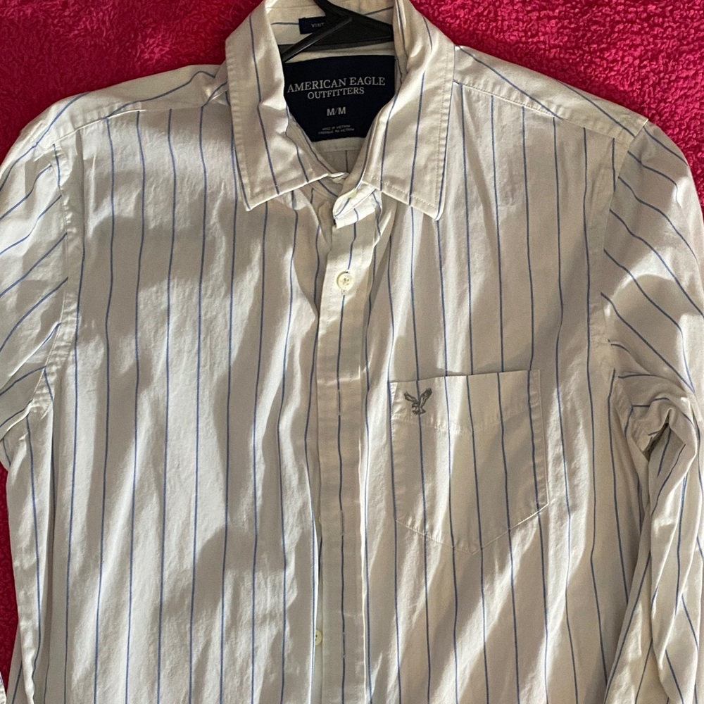 American Eagle Outfitters Men's Cream and Blue Striped Shirt
